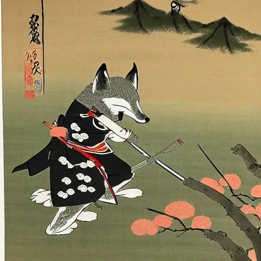 Image similar to samurai fox with a katana. sakura forest in the background. old japanese painting. fresco