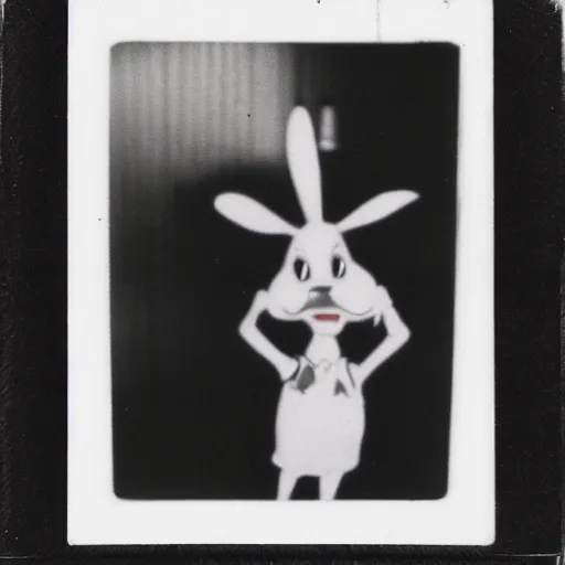 Image similar to a polaroid photography of roger rabbit doing drugs, black and white, blurry, secret photo