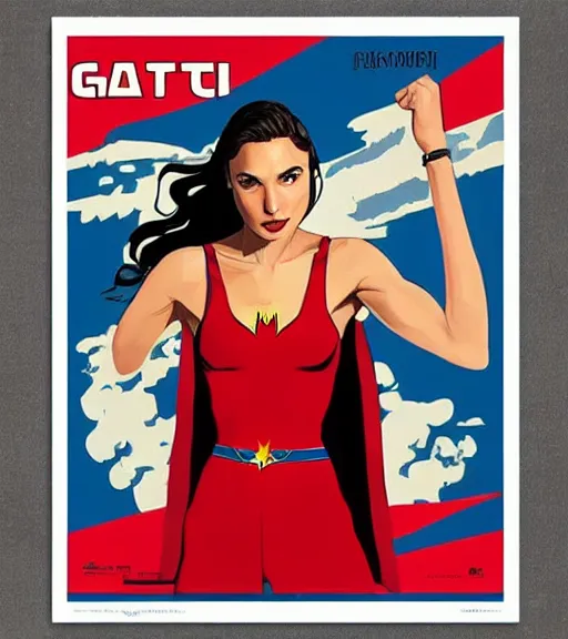 Image similar to Gal gadot posting for a Soviet Line of clothing in a Soviet propaganda realistic poster