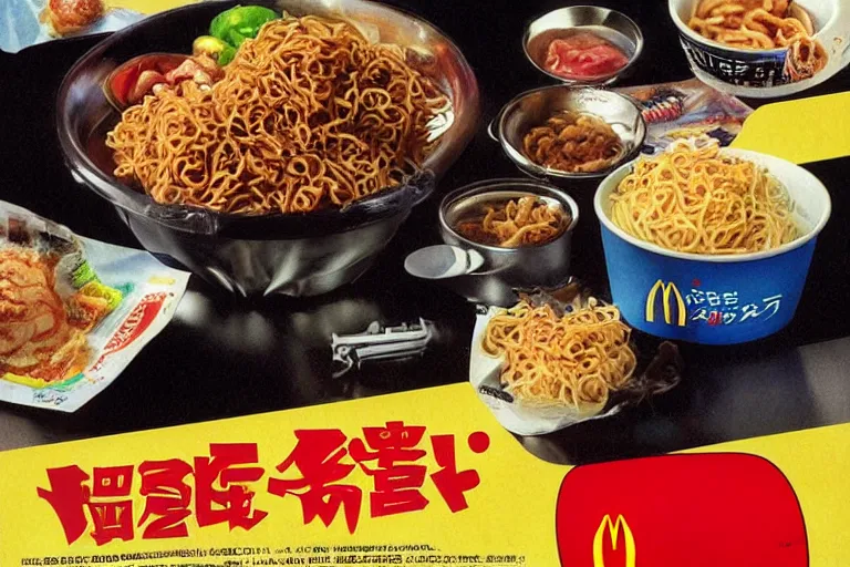 Image similar to mcdonald's yakisoba meal, in 1 9 9 5, y 2 k cybercore, advertisement photo. artwork by craig mullins