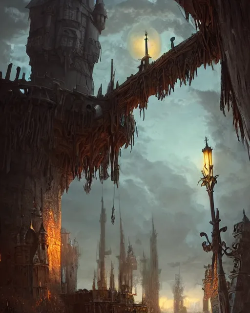 Image similar to dramatic scene at the gallows pole, the courtyard of a robust fantasy castle, calming, uplifting mood, ultra realistic, funny, small buildings, highly detailed, epic lighting, illuminated, cinematic, morning, art by eddie mendoza