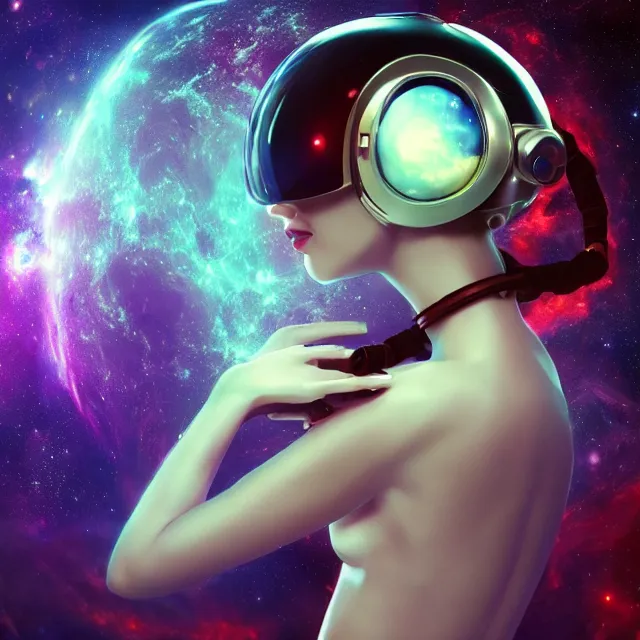 Image similar to - a seductive women with astronaut helmet, standing on the edge of the universe trying to make sense of the world with psychedelic backgrounds, 4 k, trending on artstation, renaissance