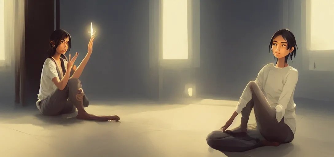 Image similar to Young Himalayan woman sitting concerned in an empty room with loneliness using psychic powers to make a lighter float| night time scene, plain walls |somber white eyes, long ashy hair | gentle lighting, futuristic, dim lighting, digital art by Makoto Shinkai ilya kuvshinov and Wojtek Fus, digital art, concept art,