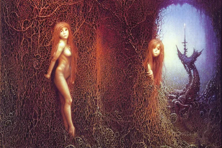 Image similar to young cute alyson hannigan knight in enchanted lovecraftian garden by jean delville, luis royo, beksinski, grimshaw