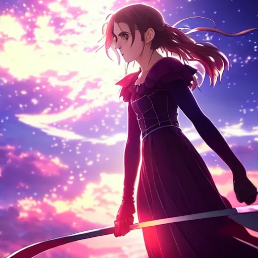 Prompt: portrait emma watson in heavens feel movie, tokyo, ufotable, kyoani, high quality, key visual, cinematic, city background, night time, rooftop, fate stay night, unlimited blade works, greg rutkowski, high resolution, street clothes, anime, high budget