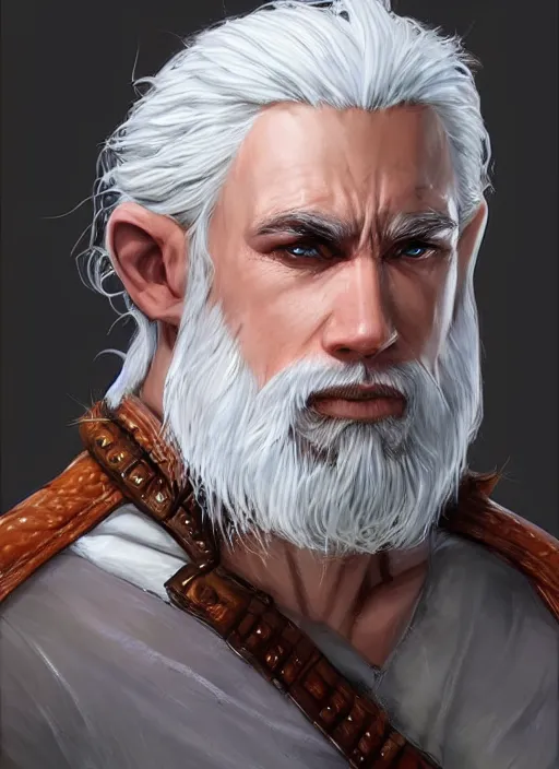 Prompt: man with white hair and white goatee, dndbeyond, bright, colourful, realistic, dnd character portrait, full body, pathfinder, pinterest, art by ralph horsley, dnd, rpg, lotr game design fanart by concept art, behance hd, artstation, deviantart, hdr render in unreal engine 5