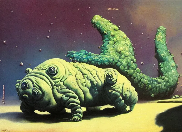 Image similar to realistic painting of a tardigrade kaiju, walking wide angle, by frank frazetta, by georgia o keeffe, by amano, slimy, reflective, scales,, big globule eye, godzilla, vintage poster retro,, oil painting, tonalism, fantasy, crispy, dune, cinematic, japanese art, tonalism