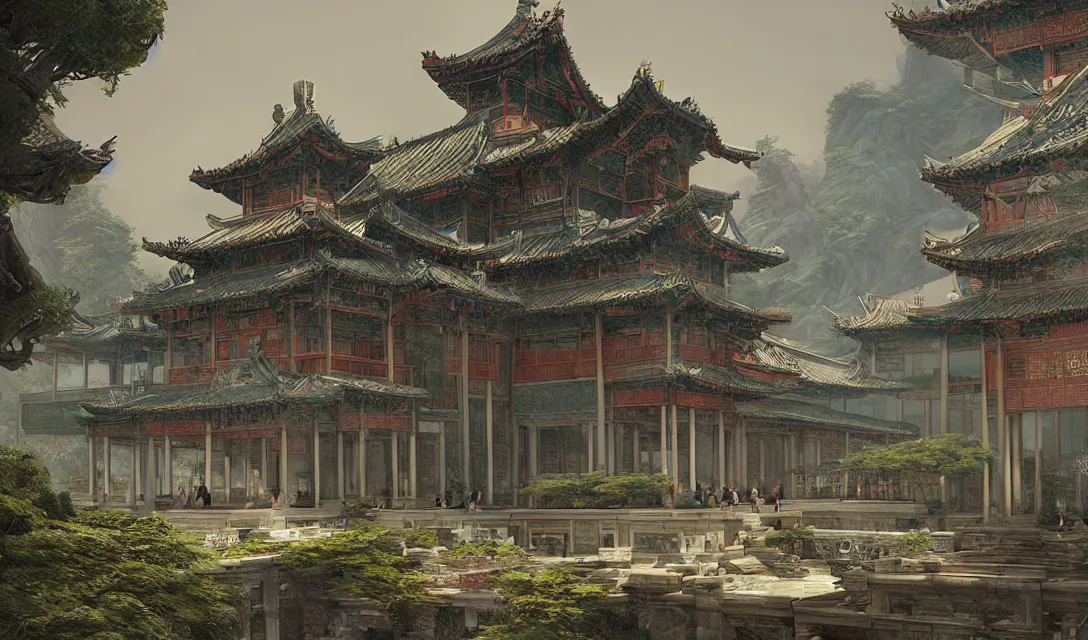 Prompt: cryengine render, chinese palace, tang dynasty, by android jones, james christensen, rob gonsalves, syd mead, and john stephens