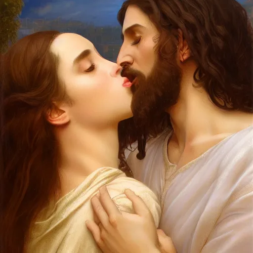 Image similar to jesus kissing a sensual woman in jerusalem, elegant, highly detailed, digital painting, artstation, concept art, matte, sharp focus, highly detailed, 4 k, hdr, smooth, sharp focus, high resolution, award - winning photo, photorealistic, art by artgerm and greg rutkowski and alphonse mucha, large shot