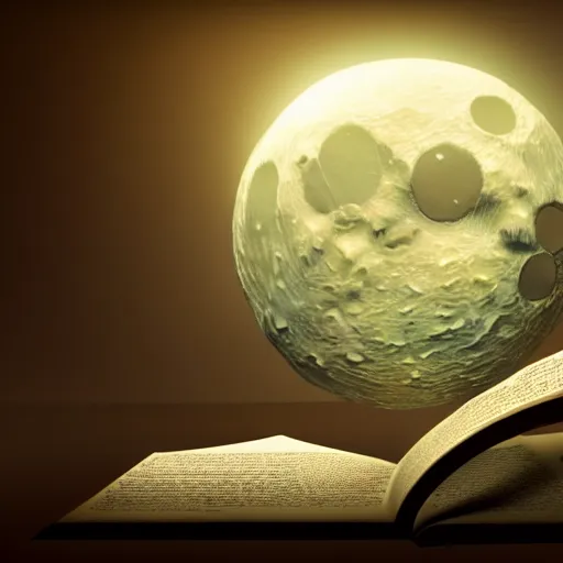 Image similar to close - up of an ancient book bon the moon, concept art, sci - fi illustration, painting, realistic, global illumination, radiant light, detailed and intricate environment, 8 k, h 6 4 0