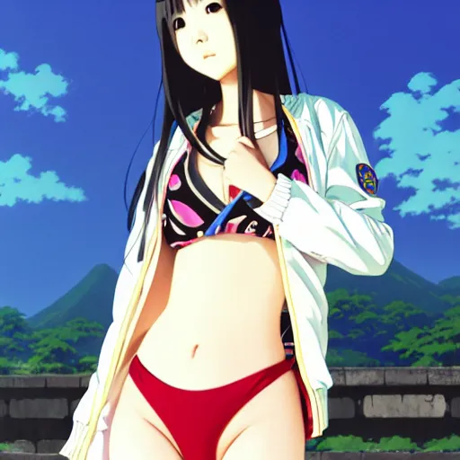 Image similar to a beautiful young japanese lalisa alluring gravure model, wearing oversized designer bomber jacket and one piece bikini, bulky poofy bomber jacket with mesoamerican patterns, mesoamerican native street fashion, gapmoe yandere grimdark, trending on pixiv fanbox, painted by greg rutkowski makoto shinkai takashi takeuchi studio ghibli, akihiko yoshida