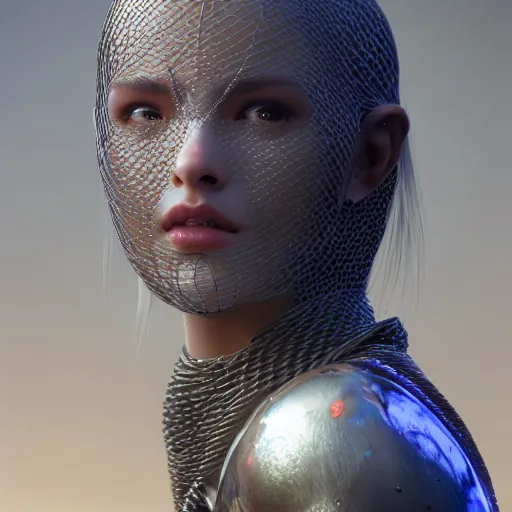 Image similar to knight, 8 k uhd, unreal engine, reflected chrome, octane render in the artstyle of greg rutkowski klimt and nixeu and ian sprigger and wlop and krenz cushart tom bagshaw, unreal engine 5, highly detailed face, true anatomy!, extremely detailed!, fishnets, beautiful