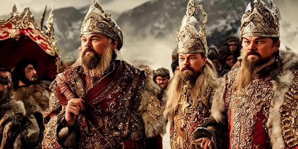 Prompt: Leonardo DiCaprio as Gengis Khan in 'Ghengis' (2021), movie still frame