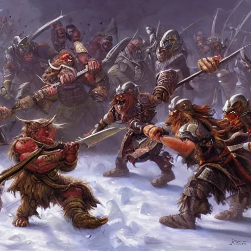 Prompt: DnD dwarves fighting goblins. Epic painting by james gurney.