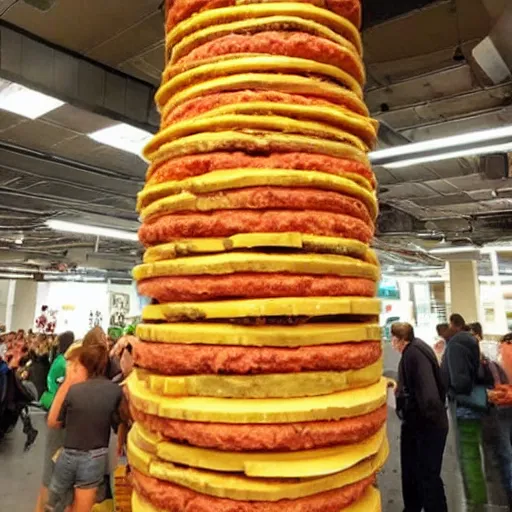 Image similar to a 1 5 foot tall burger with 1 0 0 0 slices of cheese on it stacking up to the ceiling