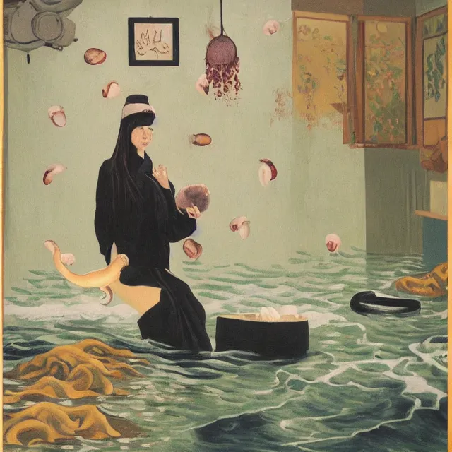 Image similar to tall emo female artist holding a pig's trotter in her flooded kitchen, pomegranates, octopus, water gushing from ceiling, painting of flood waters inside an artist's apartment, a river flooding indoors, ikebana, zen, rapids, waterfall, black swans, canoe, berries, acrylic on canvas, surrealist, by magritte and monet