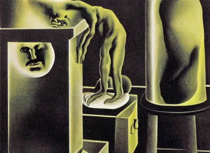 Prompt: strange machine making copies of weird small beings by salvadore dali and rene magritte