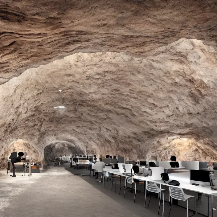 Image similar to hyperrealistic photo of a coworking space in a cave with cave drawings on it, hd