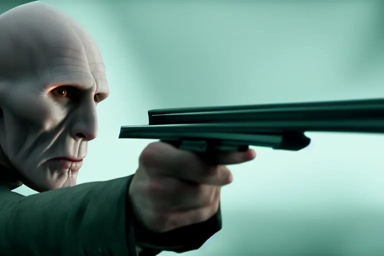 Image similar to volan de mort with shotgun, harry potter movie screenshot, symmetry, cinematic, elegant, luxury, perfect light, perfect composition, dlsr photography, sharp focus, 8 k, ultra hd, sense of awe, highly detailed, realistic, intricate