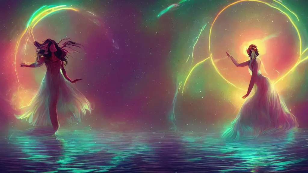 Image similar to a beautiful whimsical goddess floating above a lake basking in the moonlight, casting a spell, underneath a multi-colored binary blackhole with an accretion disc, glowing trails following her arms, acidwave, by Lois van Baarle, by Greg Rutkowski, by artgerm, by beeple, by studio ghibli, cinematic angle, volumetric lighting, 4k resolution, octane render, trending on artstation, masterpiece