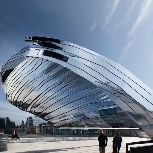 Image similar to a incredible cutting edge new building on the London waterfront designed by bjarke ingels, with a giant modern stainless steel sculpture in front of it at monumental scale, photo by Annie Leibovitz