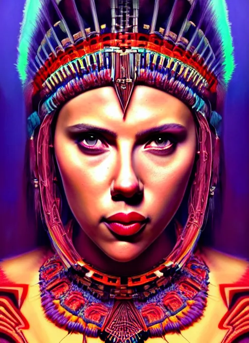 Image similar to portrait of scarlett johansson, hyper detailed ultra sharp aztec shaman warrior. trending on artstation, warpaint aesthetic, bloodwave, colorful, psychedelic, ornate, intricate, digital painting, concept art, smooth, sharp focus, illustration, art by artgerm and greg rutkowski and h. r. giger, 8 k