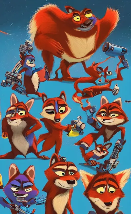 Image similar to “red racoons facing off with blue racoons in the style of zootopia, they’re all holding a laser gun”