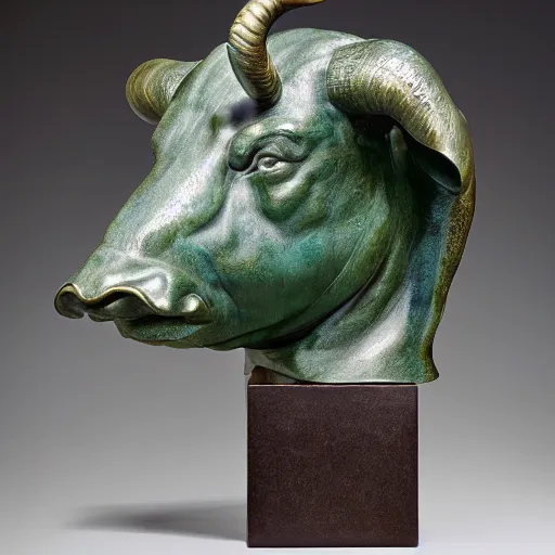 Prompt: professional color photograph of a patinated bronze portrait bust of an angry bull supported by a bronze plinth, by Auguste Rodin