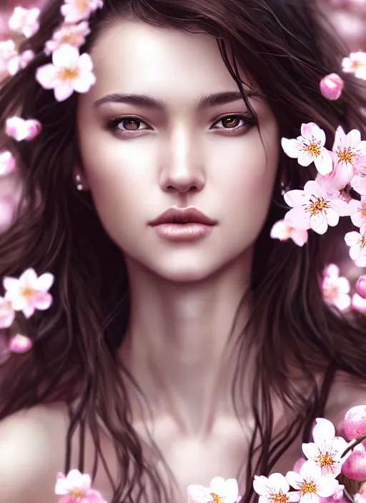 Image similar to photo of a gorgeous female with messy hair in the style of stefan kostic, realistic, body shot, sharp focus, 8 k high definition, insanely detailed, intricate, elegant, art by stanley lau and artgerm, cherry blossoms