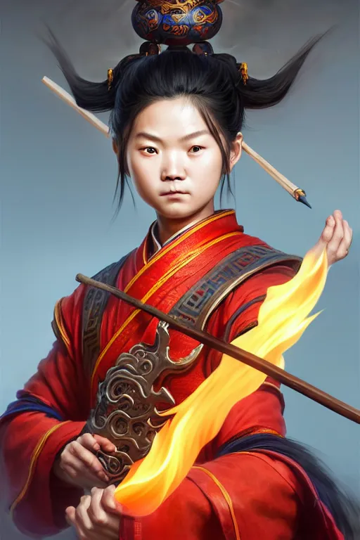 Prompt: cute nezha, highly detailed, man holding spear, flame everywhere, epic pose, masterpiece chinese fantasy character portrait, highly detailed, digital painting, trending on artstation, concept art, sharp focus, illustration, global illumination, ray tracing, realistic shaded, art by artgerm and greg rutkowski and fenghua zhong and brian sum and raymond swanland