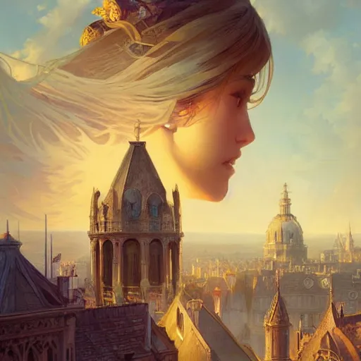 Image similar to Dublin skyline, fantasy, intricate, elegant, highly detailed, digital painting, artstation, concept art, smooth, sharp focus, illustration, art by artgerm and greg rutkowski and alphonse mucha