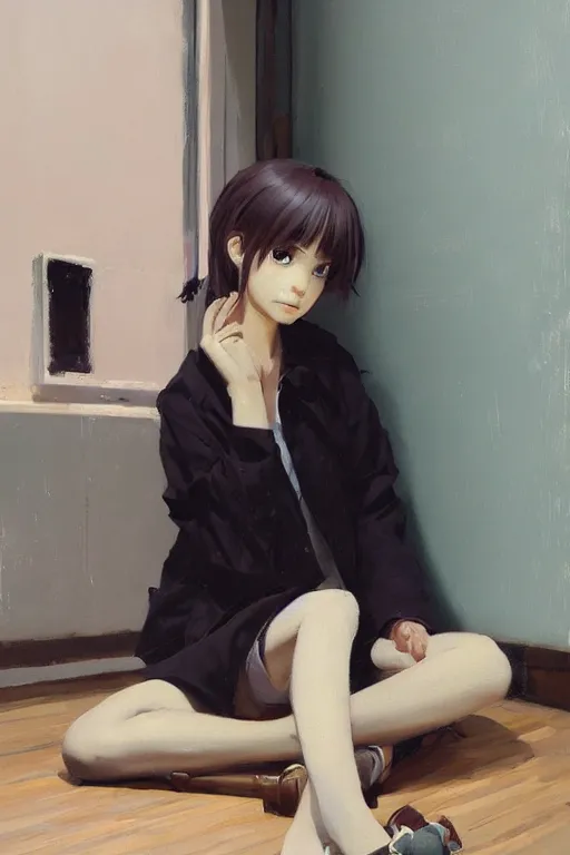 Image similar to A ultradetailed beautiful panting of a stylish girl sitting on the floor of a messy apartment, she is wearing an oversized jacket, Oil painting, by Ilya Kuvshinov, Greg Rutkowski and Makoto Shinkai