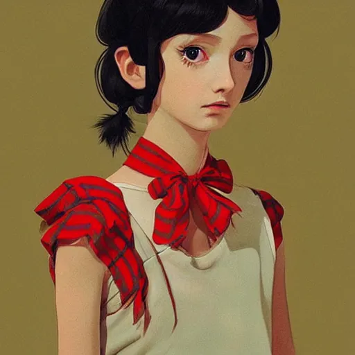 Image similar to little girl wearing an gucci's outfit. art by ilya kuvshinov, inspired by balthus, highly detailed, 8 0 s anime art style, realistic,