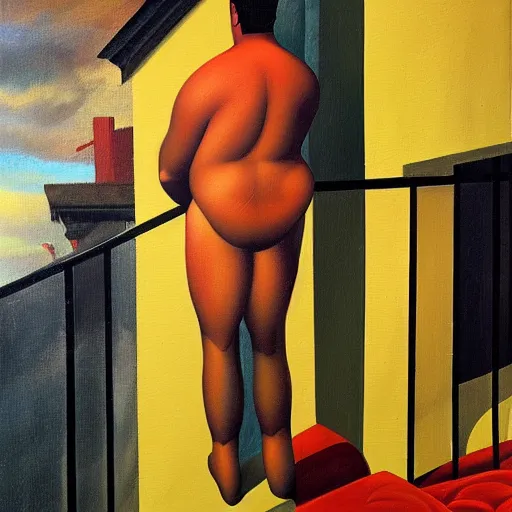 Prompt: a man looking out from the balcony thinking about the person he is in love with. oil canvas in the style of Dali