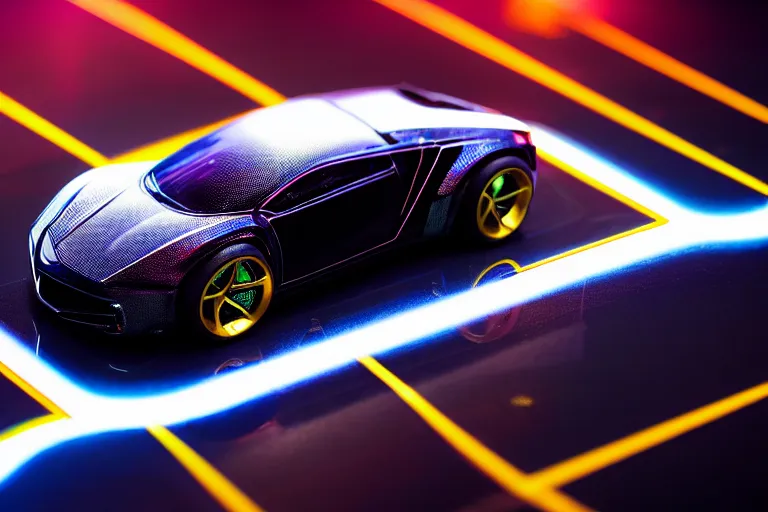 Prompt: closeup!! isometric macro photo of concept futuristic hot wheels super car on a reflective black floor, synthwave, tron, hyper detailed, smooth, high contrast, volumetric lighting, golden ratio, octane, jim lee, giorgetto giugiaro, craig mullins, chris bangle, ian callum!, vibrant rich deep color