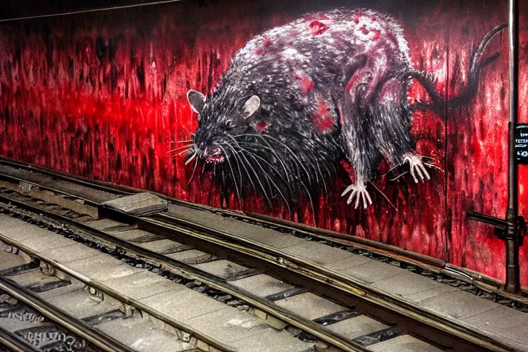 Image similar to very large giant mutant zombie irradiated angry rat sraying on railways in tonnel of moscow subway. extreme high detail, very realistic. low dark light, scary mood. hermann nitsch