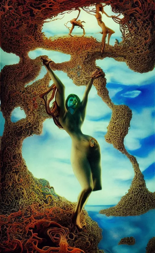 Image similar to ultrawide angle colour masterpiece surreal closeup portrait photography of surrealism by miho hirano and annie leibovitz and michael cheval, weird surreal epic psychedelic complex biomorphic 3 d fractal landscape in background by kilian eng and roger dean and salvador dali and beksinski, 8 k