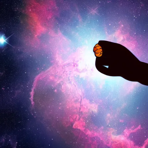 Image similar to a chimpanzee floating through outer space reaching out and touching nebula with it's finger, digital art, 8k