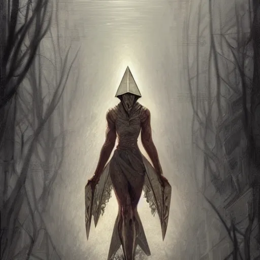 Image similar to pyramid head from silent hill, intricate, elegant, highly detailed, digital painting, artstation, concept art, matte, sharp focus, illustration, art by Artgerm and Greg Rutkowski and Alphonse Mucha