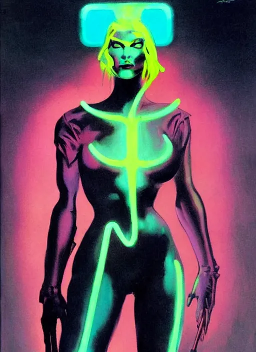 Image similar to female evil android, neon hair, glowing skin, strong line, saturated color, beautiful! coherent! by frank frazetta, high contrast, minimalism