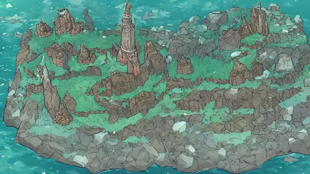 Image similar to Aerial view of a wizard tower surrounded by: 1 an ice cave to the west 2 a fire cave to the east 3 a emerald mine to the north and 4 a diamond mine to the south, lineart, colored