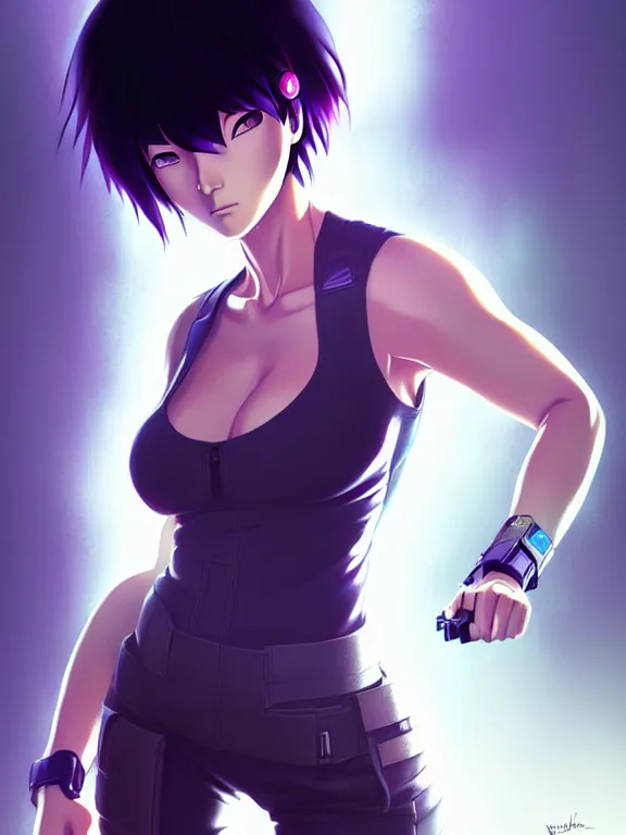 Image similar to a fullbody portrait of motoko kusanagi the major ghost in the shell : : stand alone complex, under repairs, maintenance : : by ilya kuvshinov, rossdraws, artgerm, sola digital arts, anti aliasing, raytracing : :