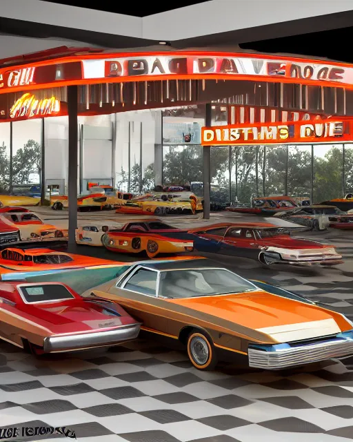 Image similar to indoors of car show pavilion with great cars of 1970s with stages like drive in and gas station, volumetric lighting, funky design, 1970s palette, hyper realism, high detail, octane render, high contrast , 8k