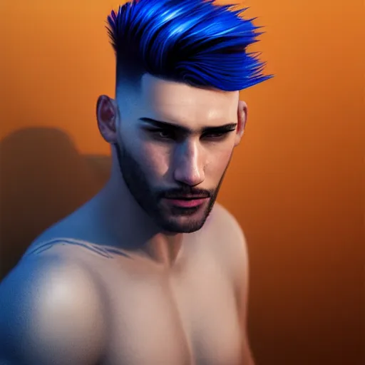 Image similar to portrait of a man with blue undercut hair,a sharp jawline,art by trevor henderson,digital art,highly detailed,photorealistic,deviantart,artstation,professional lighting,cinematic,dramatic