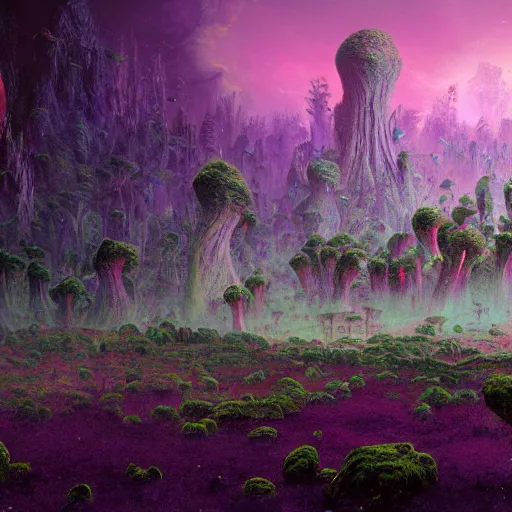 Prompt: A lovely picture of an alien landscape with mycelium aliens by John Berkey, forest made out of mushroom, purple and red and white gradient colour theme, trending on DeviantArt, rendered in blender, 8k resolution, Mountains, no green