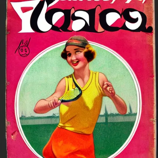 Prompt: a 1 9 2 8 cover of a quality magazine. happy, healthy, beautiful, smiling, young, sporty, glowing woman in decent athletic wear playing tennis. hyper - realistic detailed color drawing