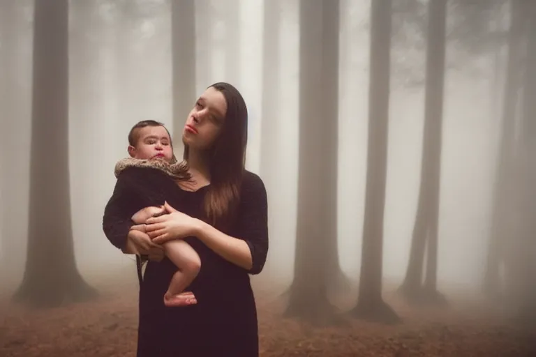 Image similar to a cinematic photo of a young woman with dark hair holds a baby in a dark, foggy forest, closeup, masterpiece