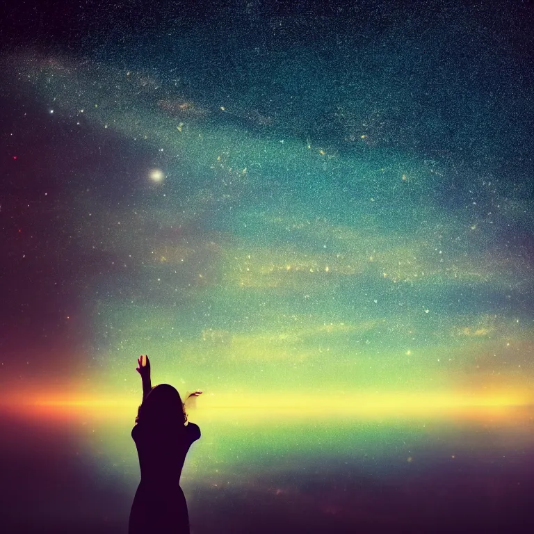 Prompt: a beautiful landscape of a starry sky with an woman waving to the horizon, cinematic, dramatic, color grading, photojournalism, colorful, highly detailed