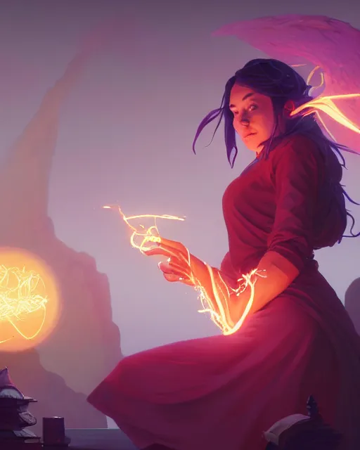 Image similar to highly detailed vfx portrait of a mage casting a light spell, unreal engine, greg rutkowski, loish, rhads, beeple, makoto shinkai and lois van baarle, ilya kuvshinov, rossdraws, tom bagshaw, alphonse mucha, global illumination, detailed and intricate environment
