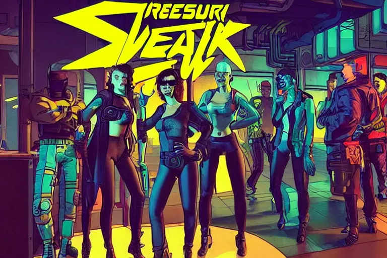 Image similar to cyberpunk heist crew in nightclub. portrait by stonehouse and mœbius and will eisner and gil elvgren and pixar. character design. realistic proportions. cyberpunk 2 0 7 7 character art, blade runner 2 0 4 9 concept art. cel shading. attractive face. thick lines. the team. diverse characters.